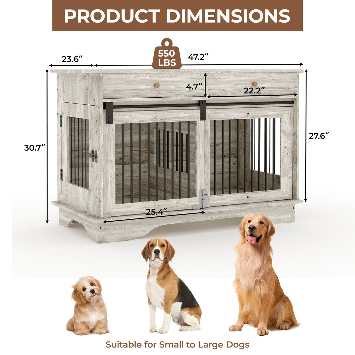 Large Dog Furniture Crate, 47 Inch Furniture Style Dog Crate with Removable Divier for Large/Medium/Small Dogs,Grey Garvee