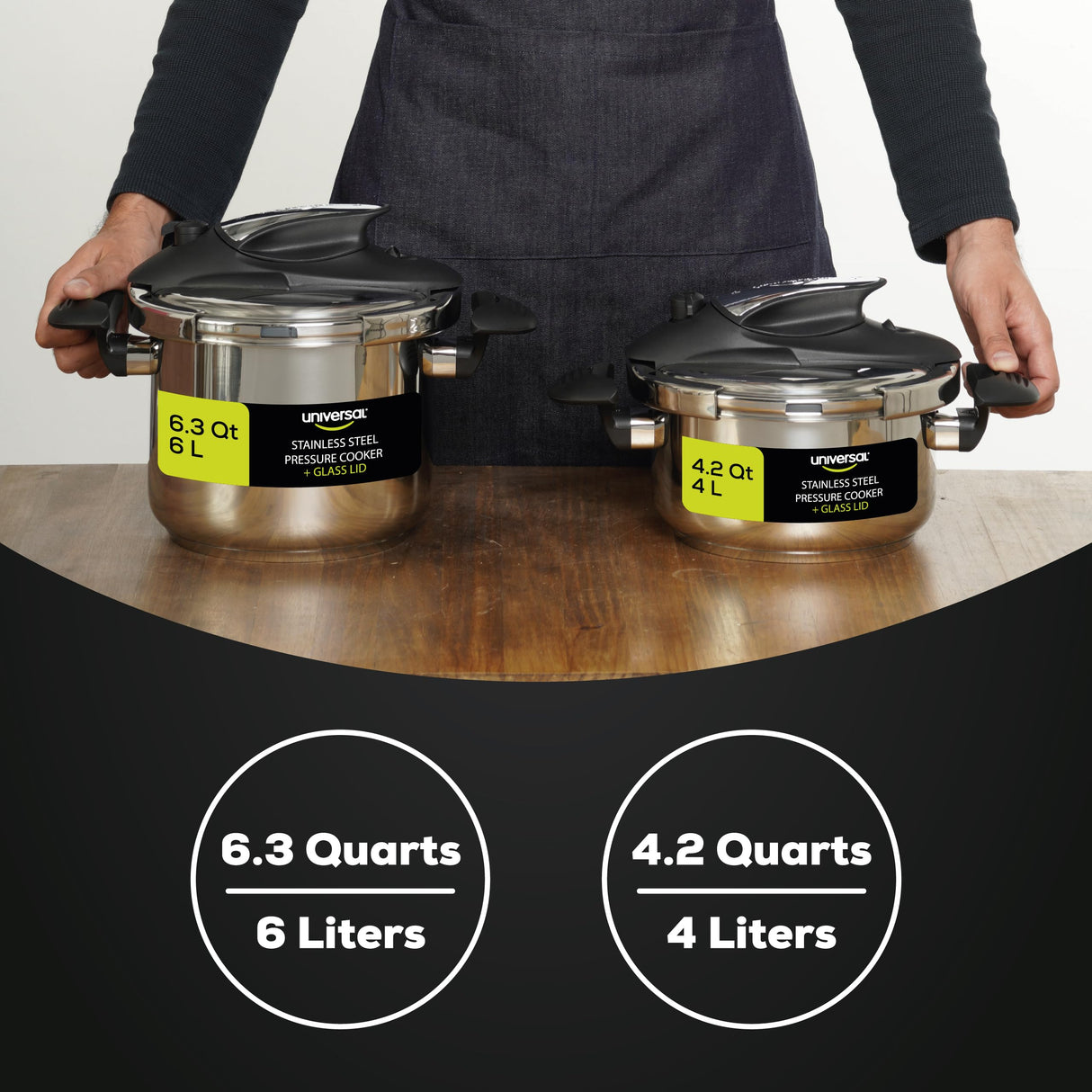 Universal 6.3 Quart / 6 Liter Stainless Steel Easy Use Pressure Cooker + Extra Glass Lid, Induction Compatible, Pressure Cooker & Multipurpose Pot, 7 servings, Pressure Canner universal