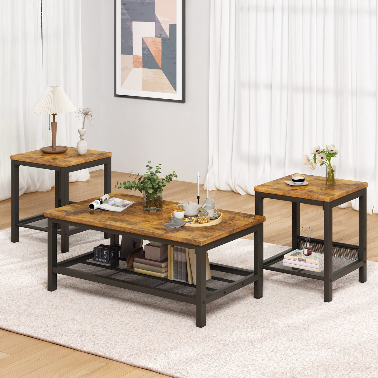 Lamerge 3 Pieces Living Room Table Set, Industrial Coffee Table with 2 Square End Side Tables, Coffee Table Set with Metal Frame for Apartment Home Office, Rustic Brown Lamerge
