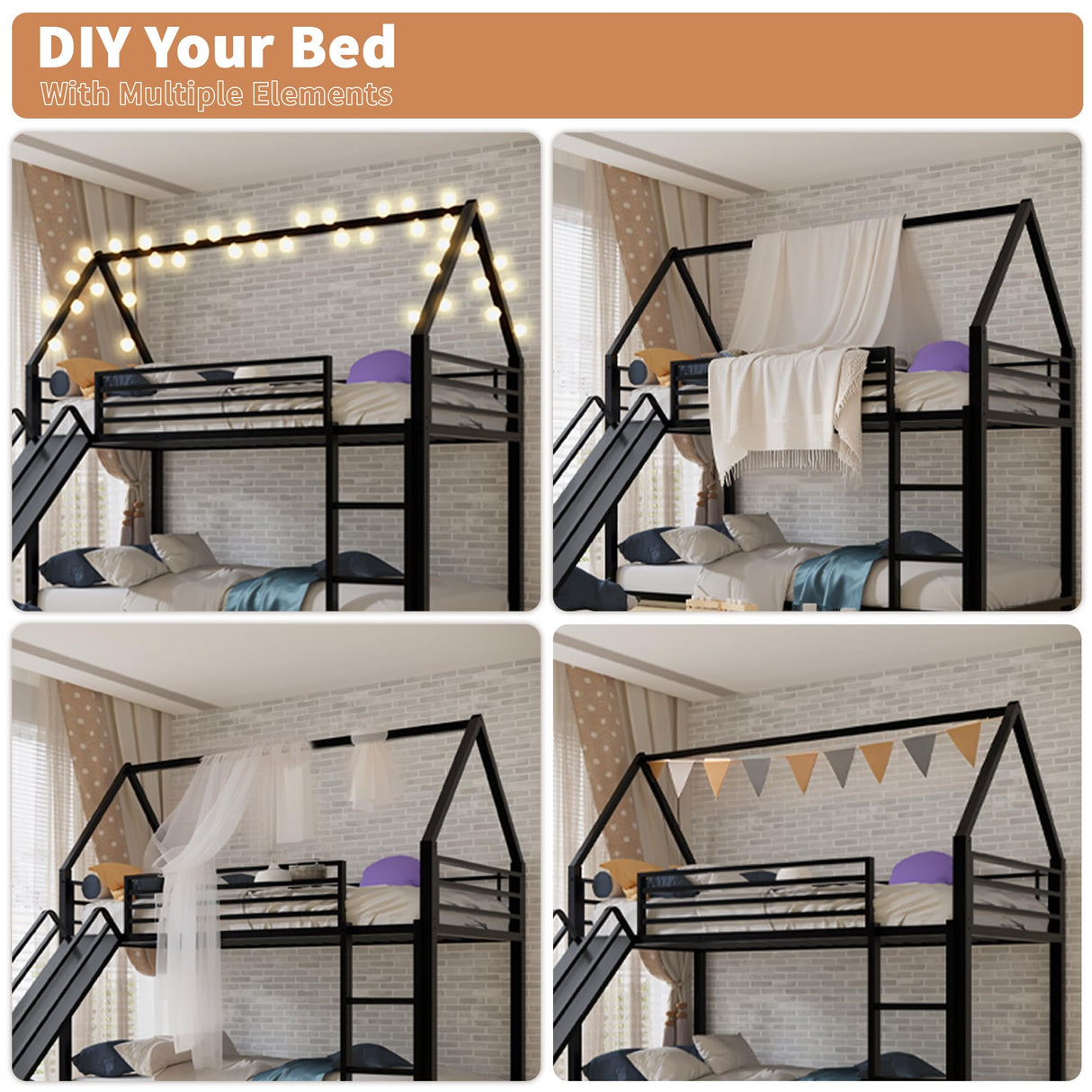 AEMSOFK Twin Over Twin Bunk Bed with Slide,House Shaped Bedframe w/Ladder, Heavy Duty Low Bunk Bed Frame with Guardrail,No Box Spring Needed & Easy Assemble(Black) AEMSOFK