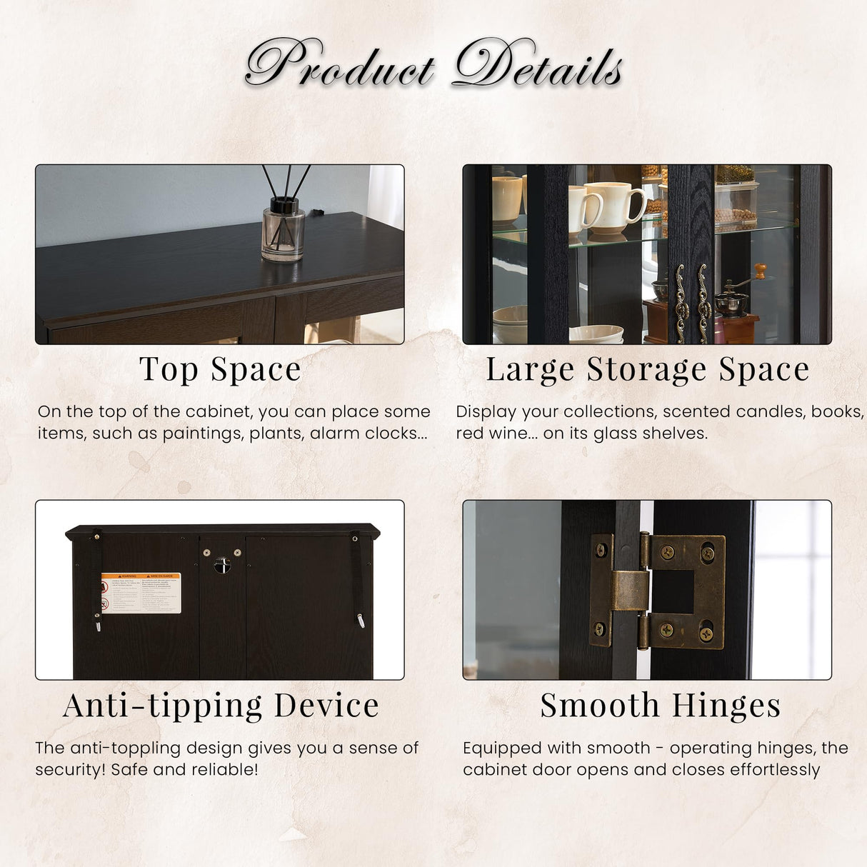 Eyisean 44" H Lighted Glass Display Cabinet with Glass Doors, Wooden Curio Cabinet with 3 Adjustable Shelves, Mirrored Back Panel, Arched China Cabinet for Living Room, Light Bulb Included (Black) Eyisean