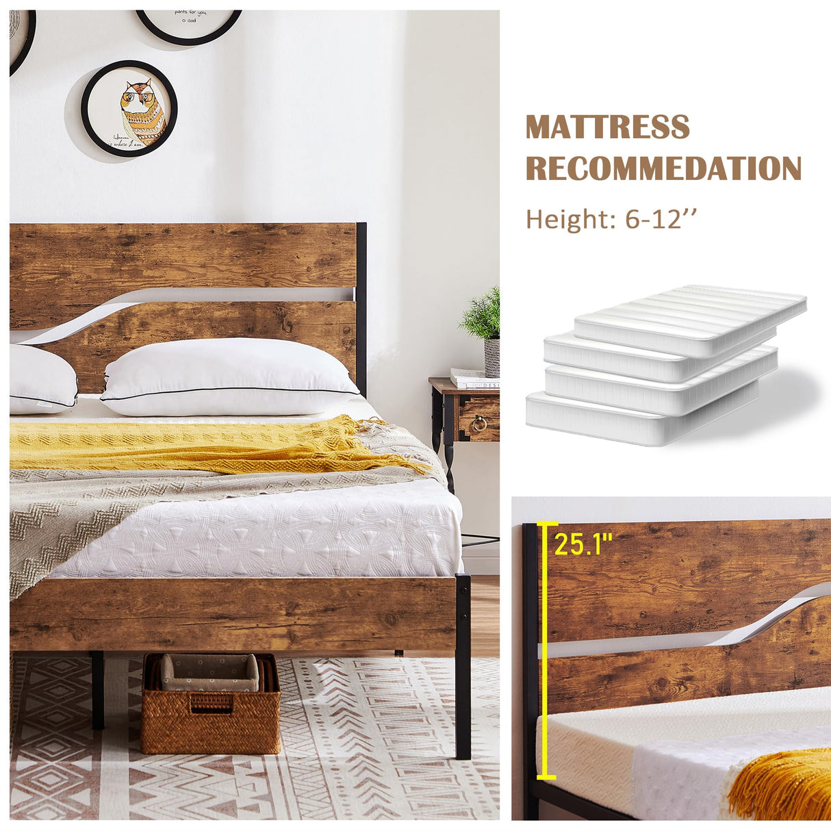 VECELO Full Size Bed Frame with Headboard Wood, Solid and Strong Metal Platform Support, No Box Spring Needed VECELO