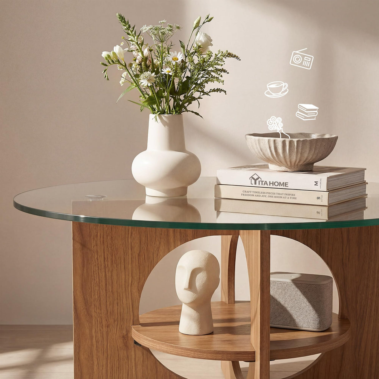 YITAHOME Round Coffee Table, 2-Tier Glass Coffee Tables with Storage, Multi-Purpose Modern Center Table or Cocktail Table for Living Room, Office, Lounge, Walnut YITAHOME