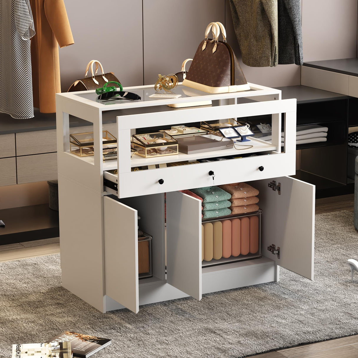 Homsee Wardrobe Armoire Closet with Lock, Walk-in Closet Island Dresser with Glass Showcase, Drawers & Doors, Modern Storage Display Cabinet for Bedroom, Fitting Room & Shops, White Homsee