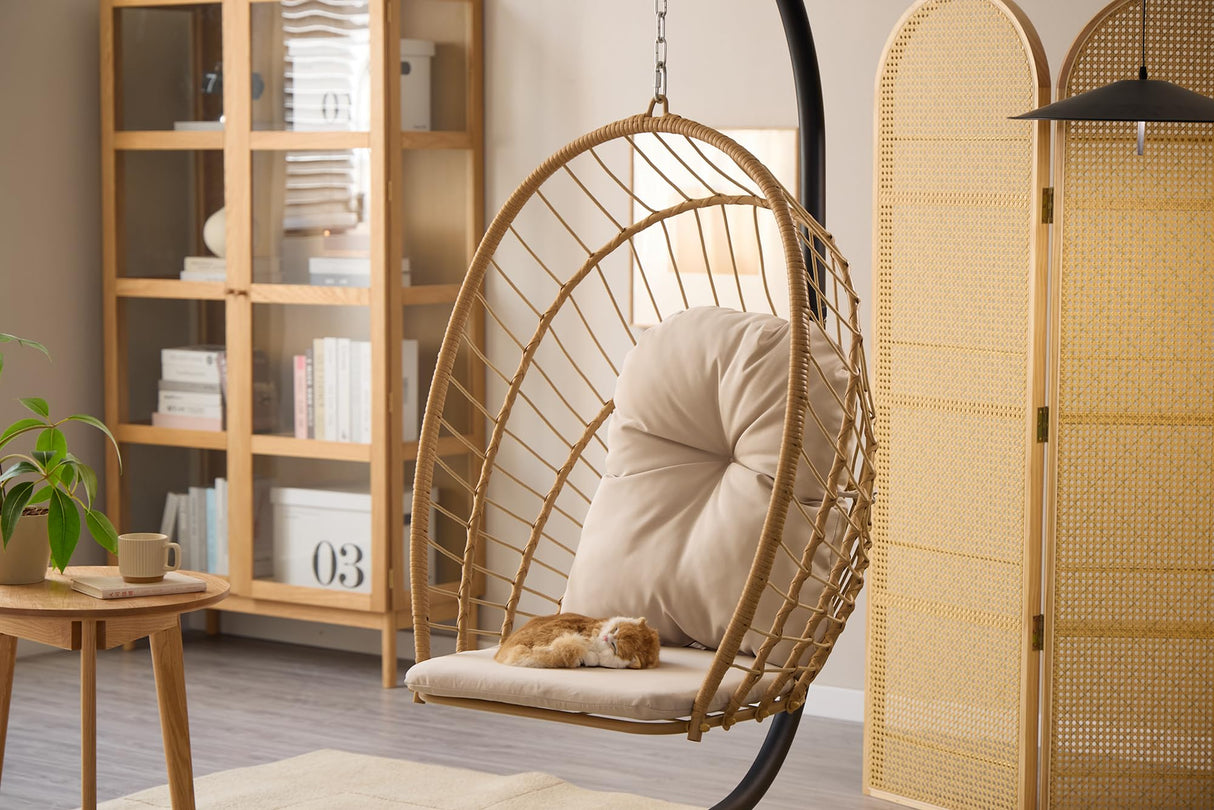 Topfuca Indoor/Outdoor Egg Hanging Chair with Stand - Patio Wicker Swing Hammock Chair. 350lbs Capacity, Cushioned. Ideal for Bedroom, Balcony, Porch, Garden. Versatile Swing Chair for All Spaces Topfuca