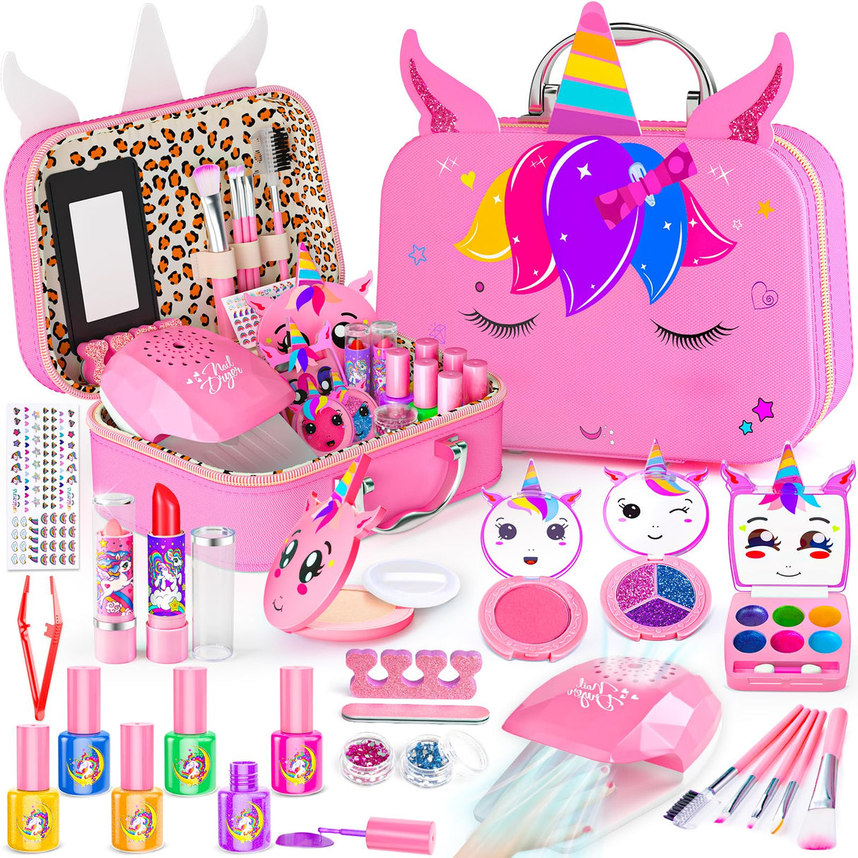 Kids Makeup Kit for Girl - 2 In 1 Kids Washable Makeup Toys & Nail Art Kits with Nail Dryer and Cosmetic Case, Princess Dress Up Set for Girls, Real Girls Makeup Set for Ideal Gifts Toys for 3-12 Year Mqsiuve