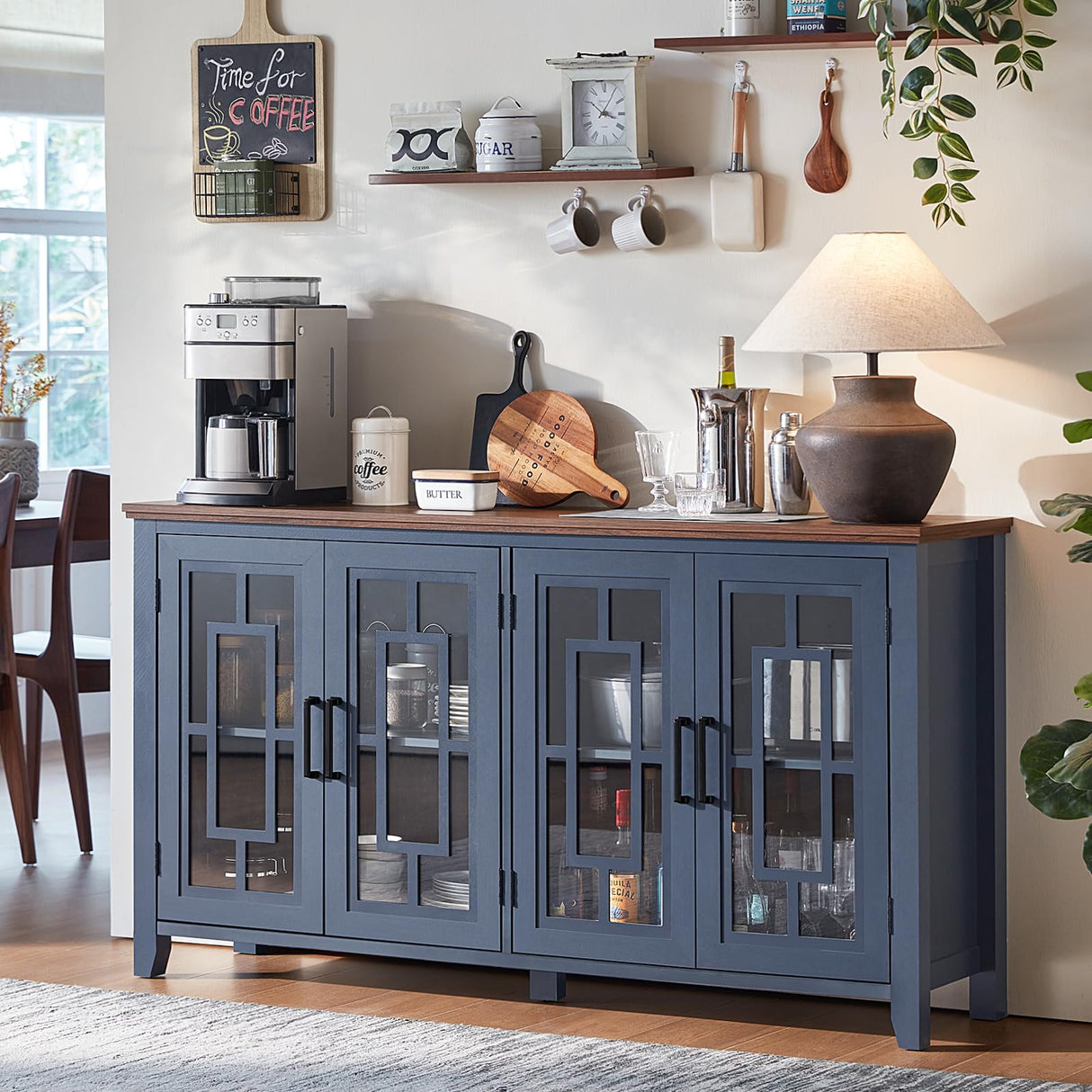 Joaxswe Large Sideboard Buffet Cabinet with Storage, 63" Farmhouse Navy Blue Kitchen Coffee Wine Bar Cabinet with 4 Glass Doors, Mid Century Modern Wood Side Board Table for Dining Room, Living Room Joaxswe