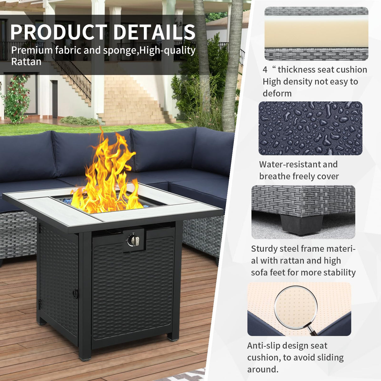 Valita 7 Piece Outdoor PE Wicker Furniture Set, Patio Gray Rattan Sectional Sofa Couch Adjustable Gas Fire Pit Dark Blue Cushions Valita