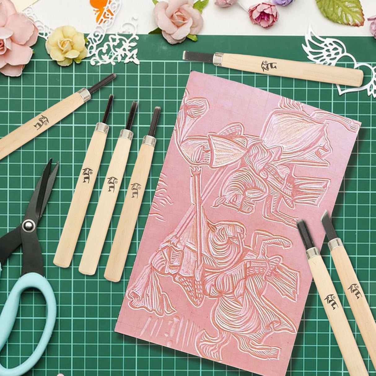 FVIEXE 8PCS 4x6 Inch Linoleum Carving Blocks for Printmaking, Rubber Linocut Block Stamp Making Kit with Wood Carving Tools and Rubber Brayer Roller, Soft Stamp Carving Kit for DIY Crafts FVIEXE