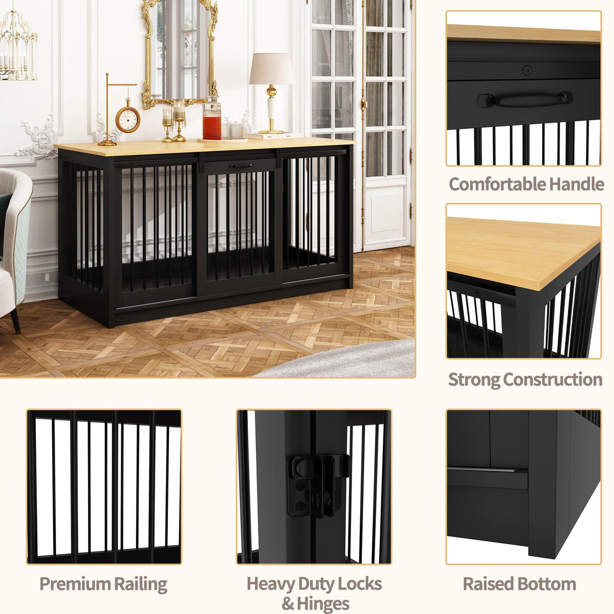 DAWNSPACES Extra Large Dog Crate Furniture, 55" Indoor Heavy Duty Dog Kennel House with Sliding Doors, Furniture Style Dog Crate Table Side End Table TV Stand for XL Large Medium Breed Dogs, Black DAWNSPACES