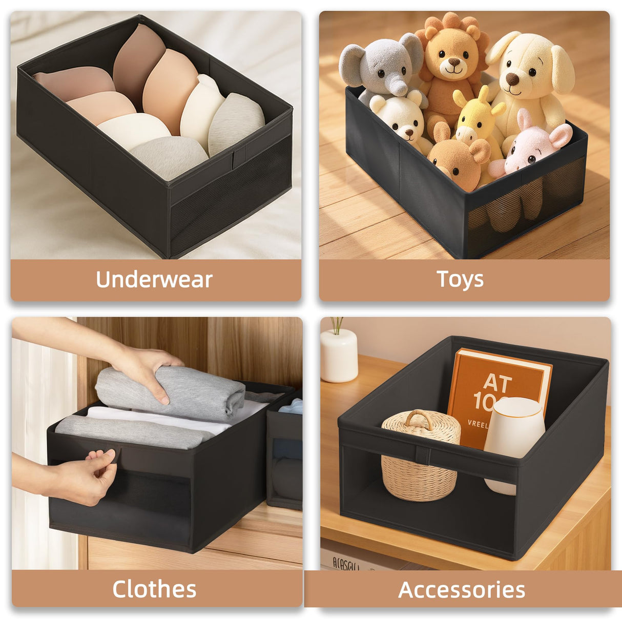STORAGE MANIAC 6 Pack Storage Bins with Clear Window, Storage Boxes for Shelves, Sturdy Foldable Closet Organization Fabric Shelf Basket for Toy, Towel, Book, Jeans, Offices, Dorm, Wardrobe, Black STORAGE MANIAC