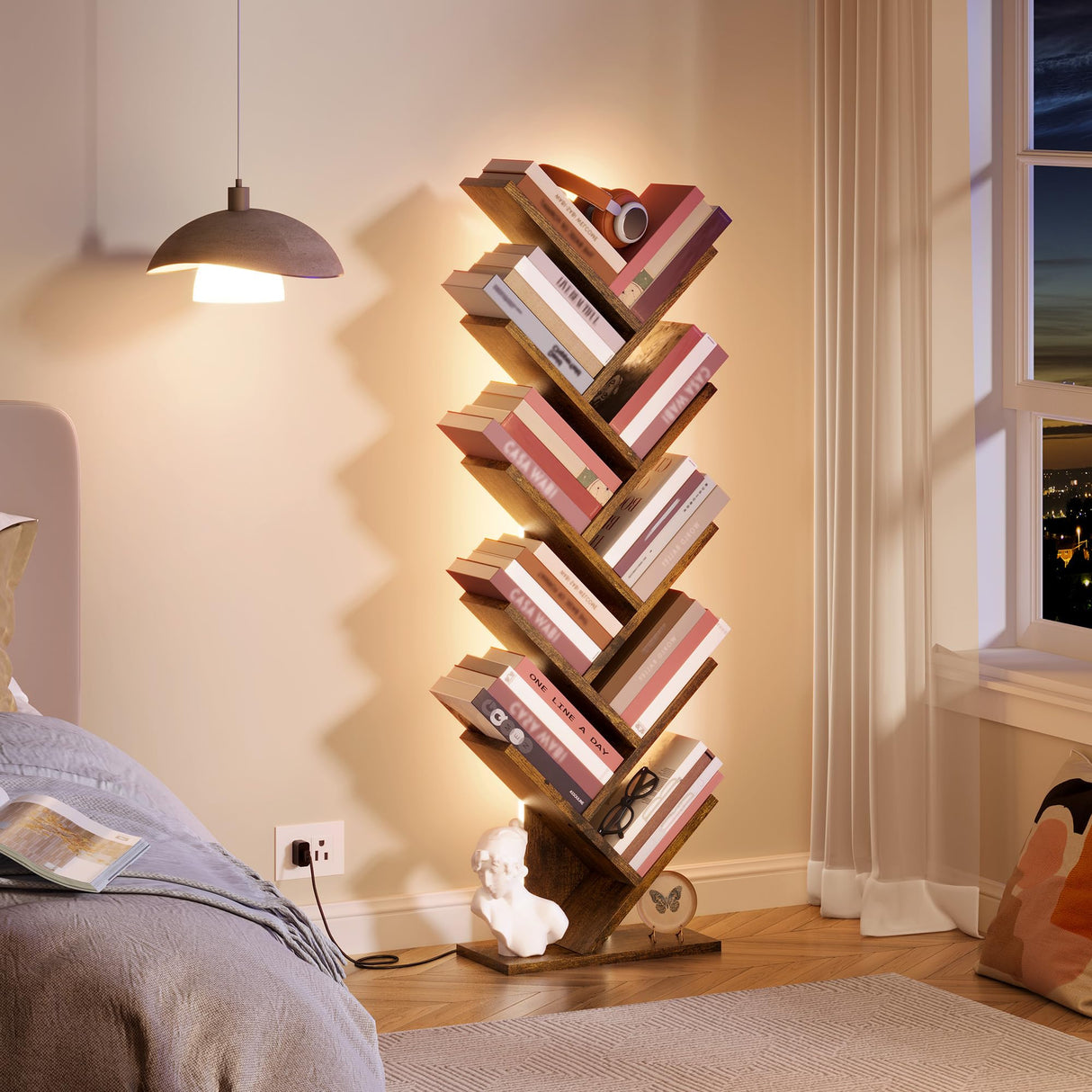 Hoctieon 10 Tier Tree Bookshelf, Tall Bookcase, Freestanding Book Shelf with LED Lights, Display Floor Standing Storage Shelf, Book Organizer Shelves for Home Office, Living Room, Rustic Brown Hoctieon