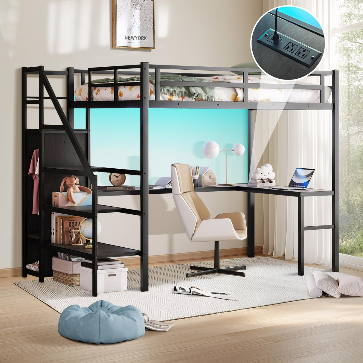 Full Size Loft Bed with Desk and Wardrobe, Metal Heavy Duty Loft Bed with Storage Stairs, LED Lights, USB Port, Full Loft Bed Frames for Kids, Junior, Adults, Space Saving, Noise Free (Black, Full) XUWANSHANG