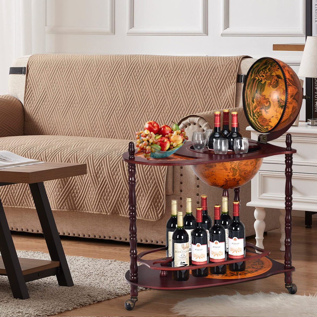 Goplus Globe Bar, 34.5” Globe Bar Liquor Cabinet with Wheels, Bottom Shelf, Old World Map, 16th Century Italian Replica Bar Globe, Retro Wine Stand, Goplus