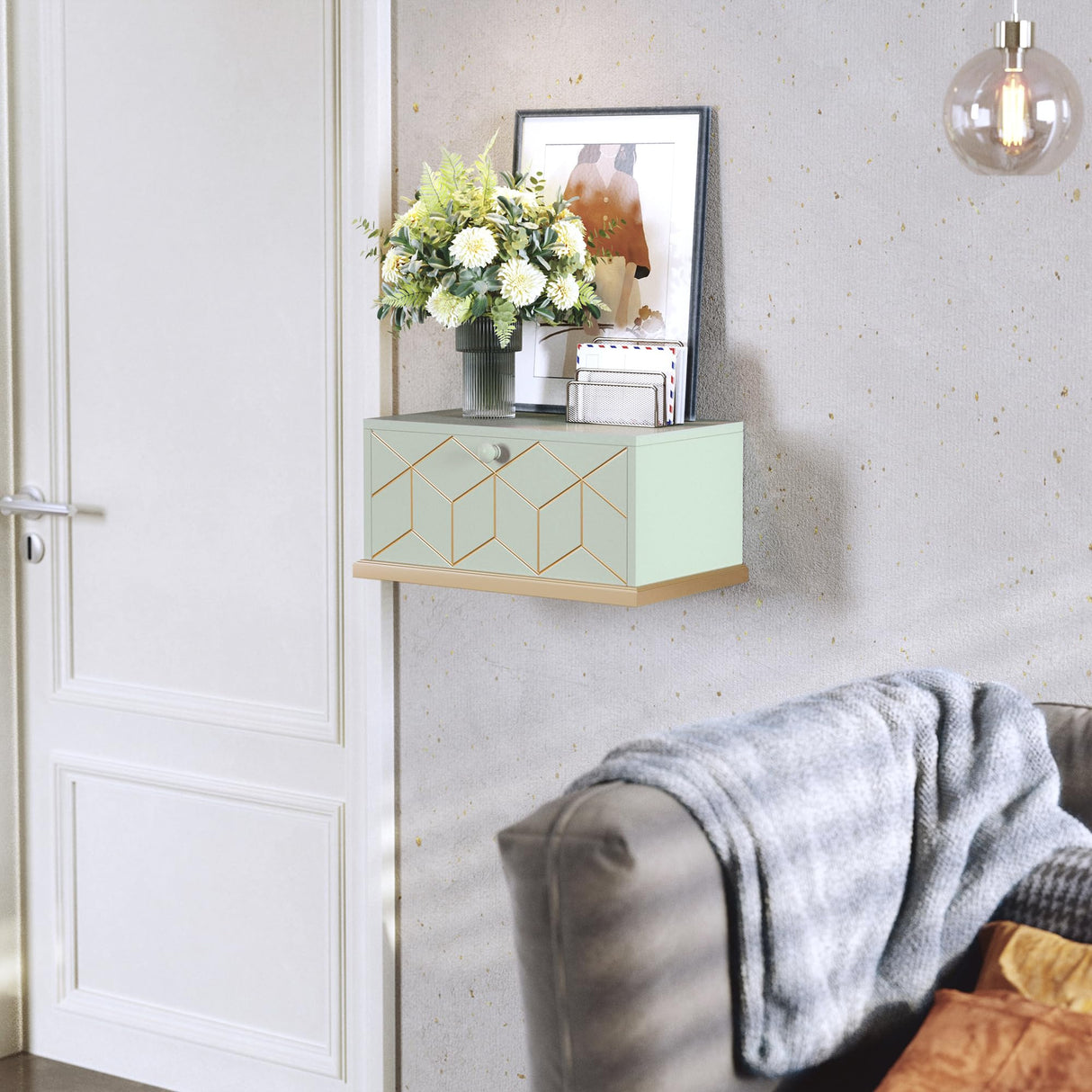 HLR Floating Nightstand, Wall Mounted Nightstand with Removable Door, Floating Shelves for Wall, Bedroom, Bathroom, Green HLR