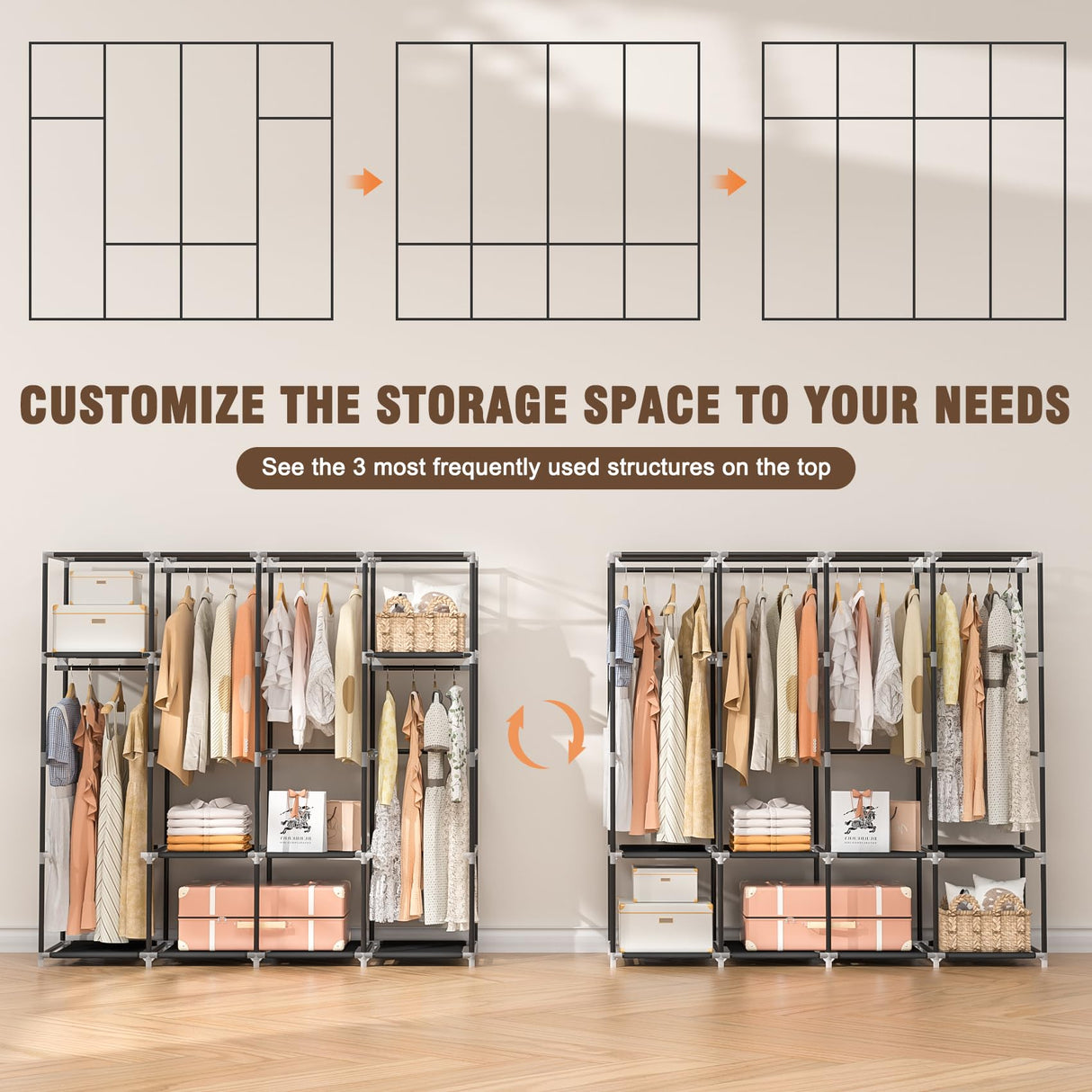 Neatrays Wardrobe Closet, 66 Inch Portable Closet for Hanging Clothes, Large Capacity Clothes Rack Organizer with Cover & 4 Hanging Rods & 8 Storage Shelves & 2 Side Pockets (Black) Neatrays