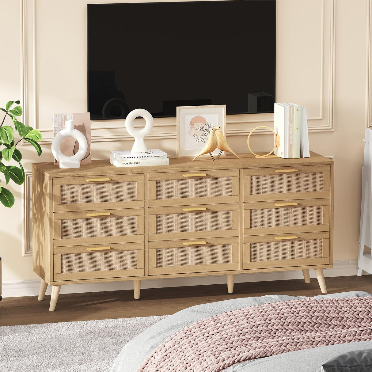 Rovaurx 9 Drawer Double Dresser for Bedroom, Rattan Chest of Dressers, Modern Wooden Dresser Chest with Golden Handles, Beside Table for Closet, Living Room and Entryway, Natural Rovaurx