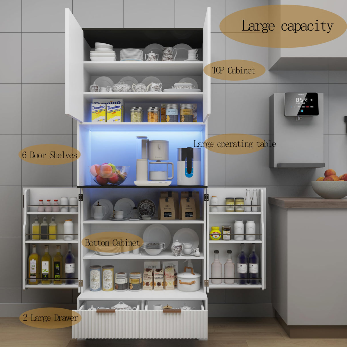 Fluted Pantry Cabinet,71.7'' Tall Kitchen Pantry Cabinet with LED Light & Charging Station, Kitchen Storage cabinets with 2 Drawers, Adjustable Shelves&Open Countertop for Dining Room, White Lezyhaus