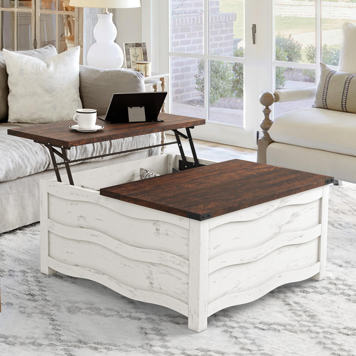 Cozyman 35.6" Lift Top Coffee Table with Storage, Farmhouse Coffee Table for Living Room with Large Hidden Storage Compartment, Wood Square Center Coffee Tables with Flexible Hinged Lift Top, White Cozyman