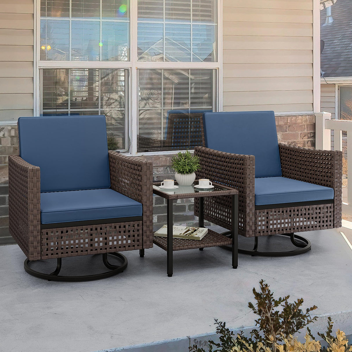 YITAHOME 3 Pieces Swivel Rocking Chairs, Patio Wicker Chairs Outdoor Patio Furniture Set with Rattan Side Table, Thickened Cushions, Bistro Swive Chairs Set for Porch, Patio, and Yard, Blue YITAHOME