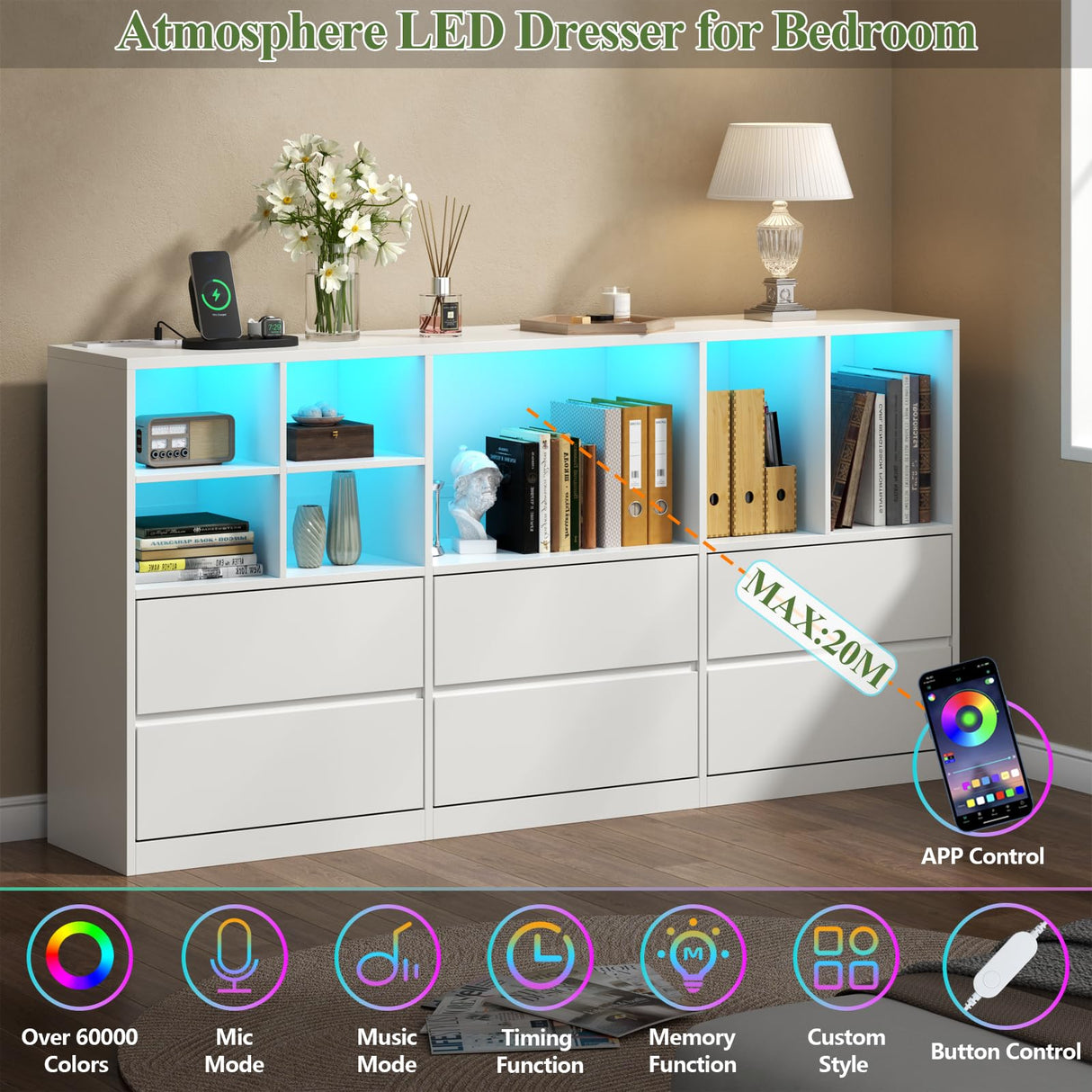 Gyfimoie White Dresser for Bedroom with 6 Drawers, Chest of Drawers with Led Lights&Charging Station, 63" Long Dresser with 7 Open Cubbies, Storage Drawers for Living Room, Closet, Hallway (White) Gyfimoie