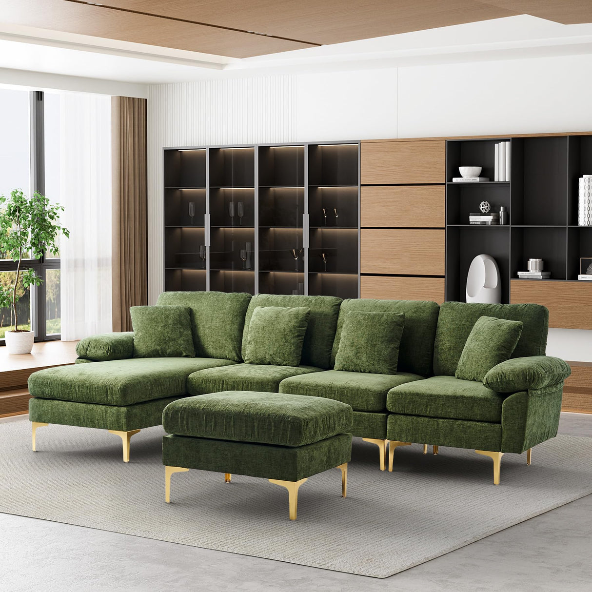 OUYESSIR U-Shaped Sectional Sofa Couch, 4 Seat Sofa Set for Living Room, Convertible L-Shaped Couch Set with Chaise Lounge, Ottoman and Pillows,114 inches (Olive Green) OUYESSIR