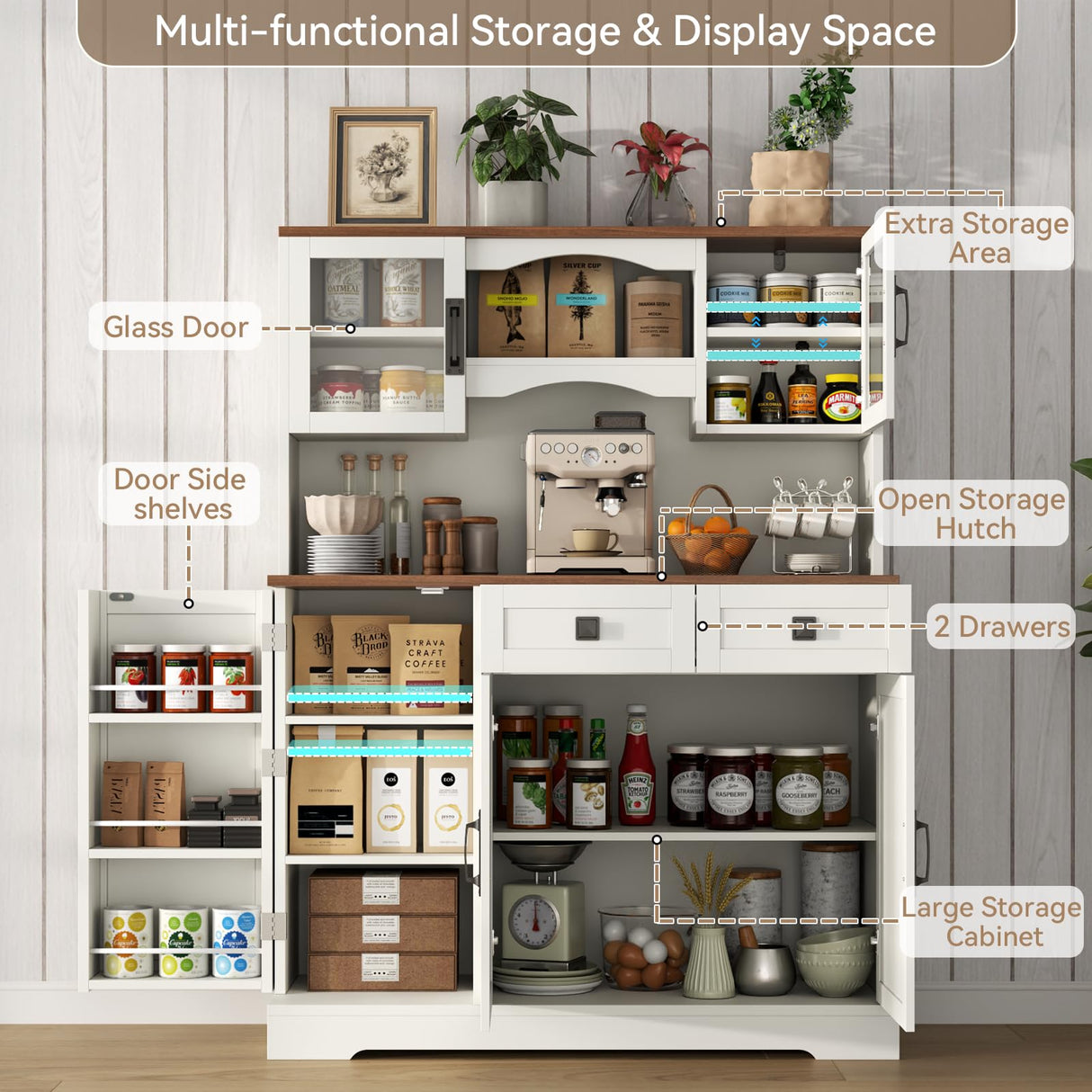 60" Tall Farmhouse Kitchen Pantry Storage Cabinet,Kitchen Hutch with Microwave Stand,Freestanding Buffet Pantry Cabinet with Glass Door and Adjustable Shelves for Dining Room (White) Gyfimoie