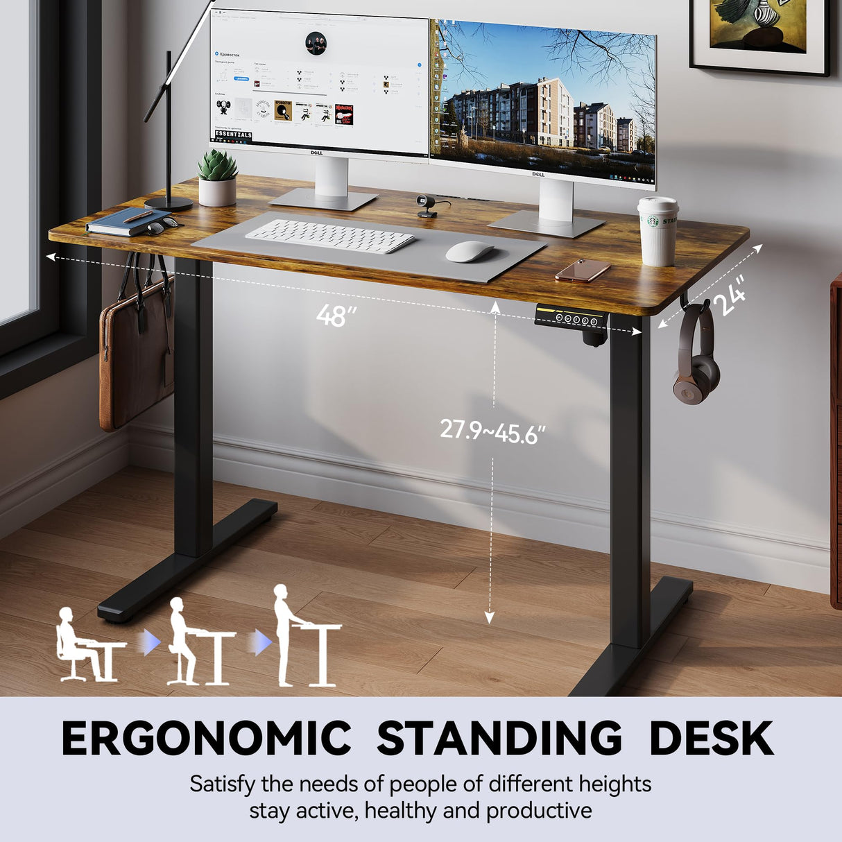 Gamork Electric Standing Desk Adjustable Height Stand Up Desk Ergonomic Sit Stand Desk for for Work Office Home Computer Desk Workstation (Rustic Brown C65, 48 * 24) Gamork