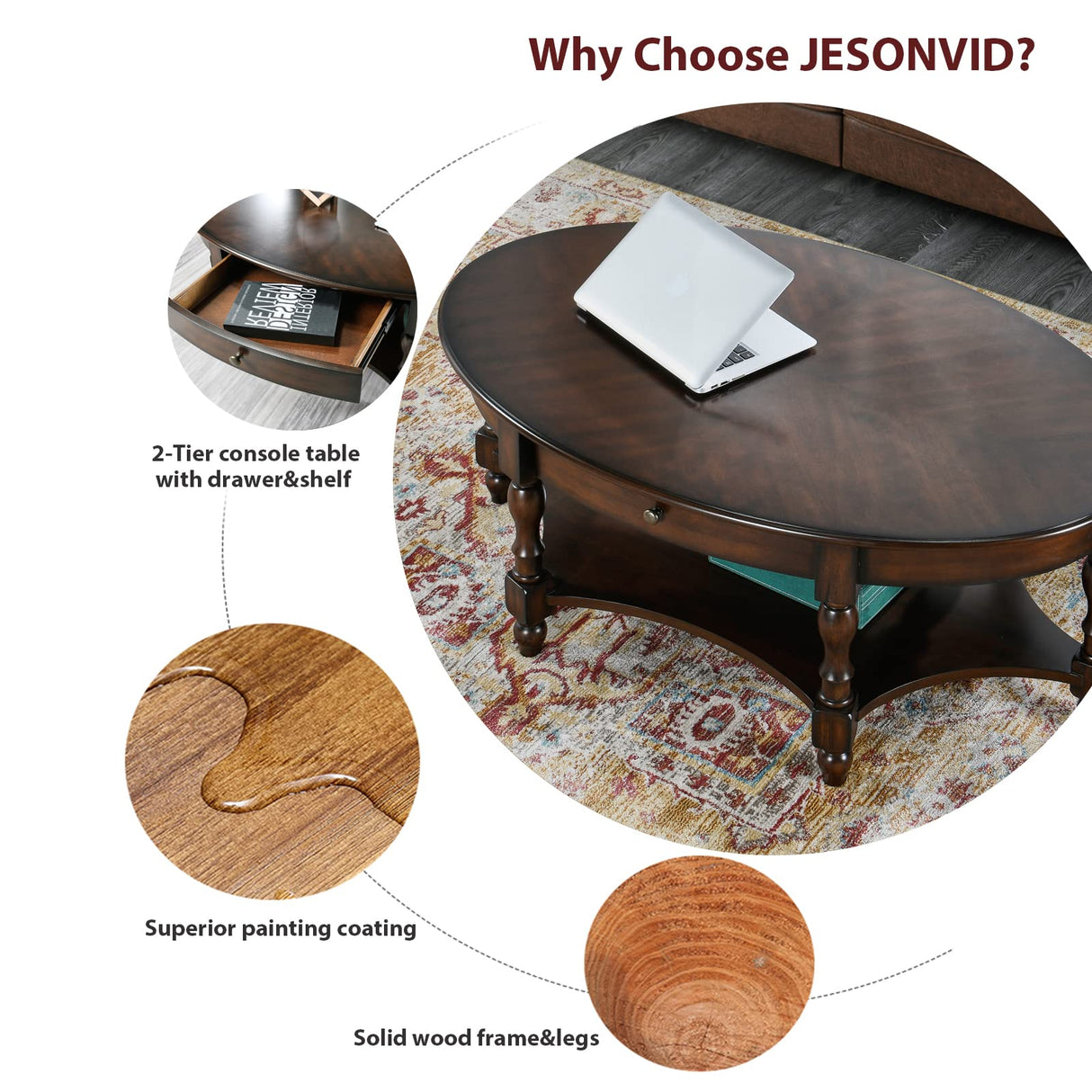 JESONVID Solid Wood Oval Coffee Table with Drawer and Storage Shelf, 44.9" Traditional Retro Center Table Polished Edging Cocktail Tea Table for Living Room Bedroom Home, Vintage Walnut JESONVID