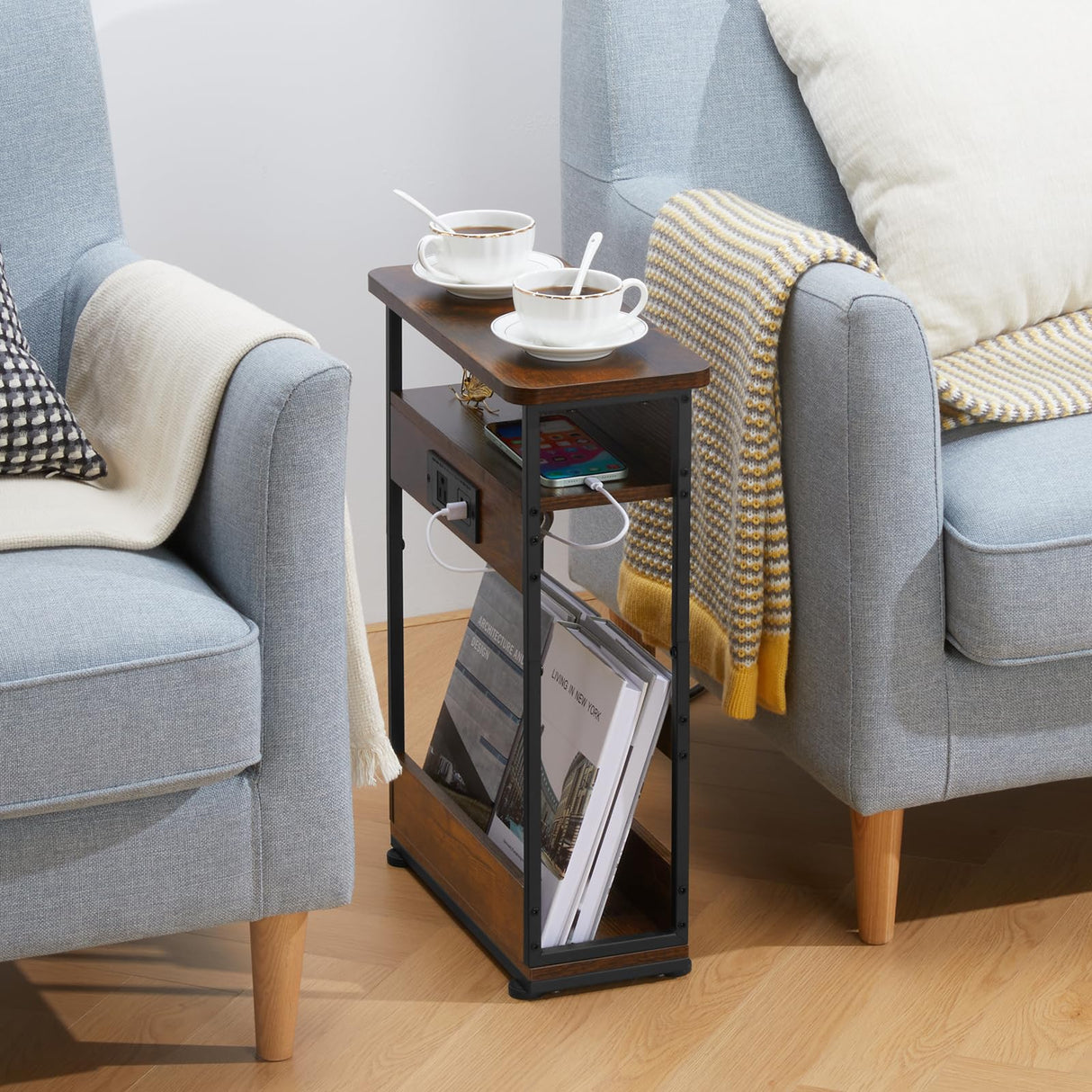 Narrow Side Table With Charging Station, 3-Tier End Table with 2 USB Ports & Power Outlets,Thin Sofa Side Table for Narrow and Small Spaces, Bedside Table Nightstand for Living Room/Rustic Brown YEAKOO