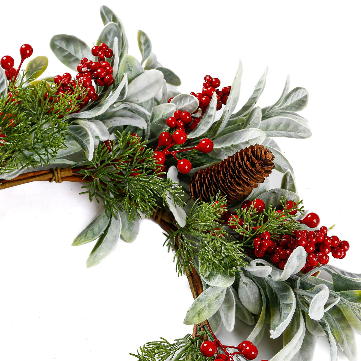 Sggvecsy 19 Inch Artificial Christmas Wreath for Front Door Flocked Lambs Ear Wreath with Red Berries Pine Needles Pinecones Christmas Decorations for Wall Outdoor Home Holiday Xmas Decor Sggvecsy