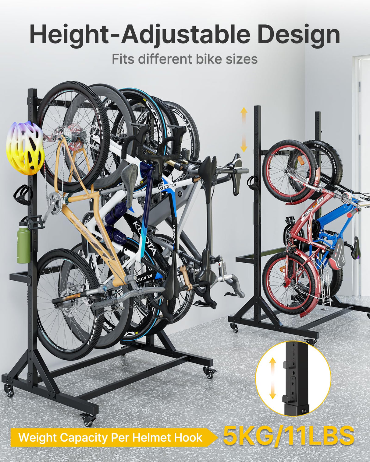 monTEK Freestanding Bike Storage Rack for 5 Bikes, Heavy Duty 350LBS Vertical Bike Stand with 5 Bike Hooks & 6 Helmet Hooks, Indoor and Outdoor Bike Storage Rack with Locking Casters monTEK