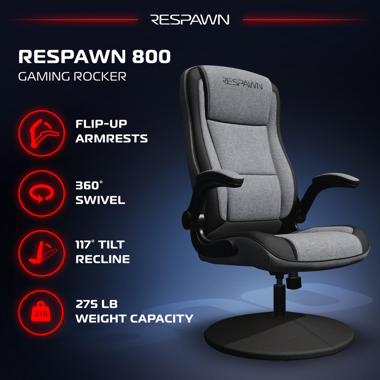 RESPAWN 800 Gaming Chair Floor, Swivel Rocker Gaming Chair, High Back Ergonomic Floor Gaming Chair for Kids and Adults, Gaming Recliner, Floor Rocker Chair with Armrests - Grey Fabric RESPAWN