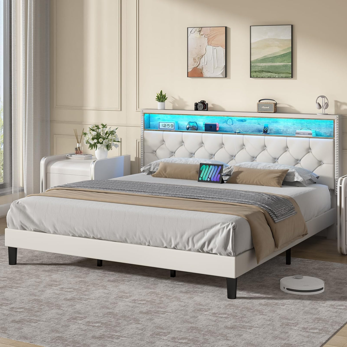 HOMBCK King Bed Frame with LED Lights, Velvet Upholstered Platform Bed with Storage Headboard and Charging Station, King Bed Frame with Diamond Design, Wood Slats Support, No Box Spring Needed, White HOMBCK