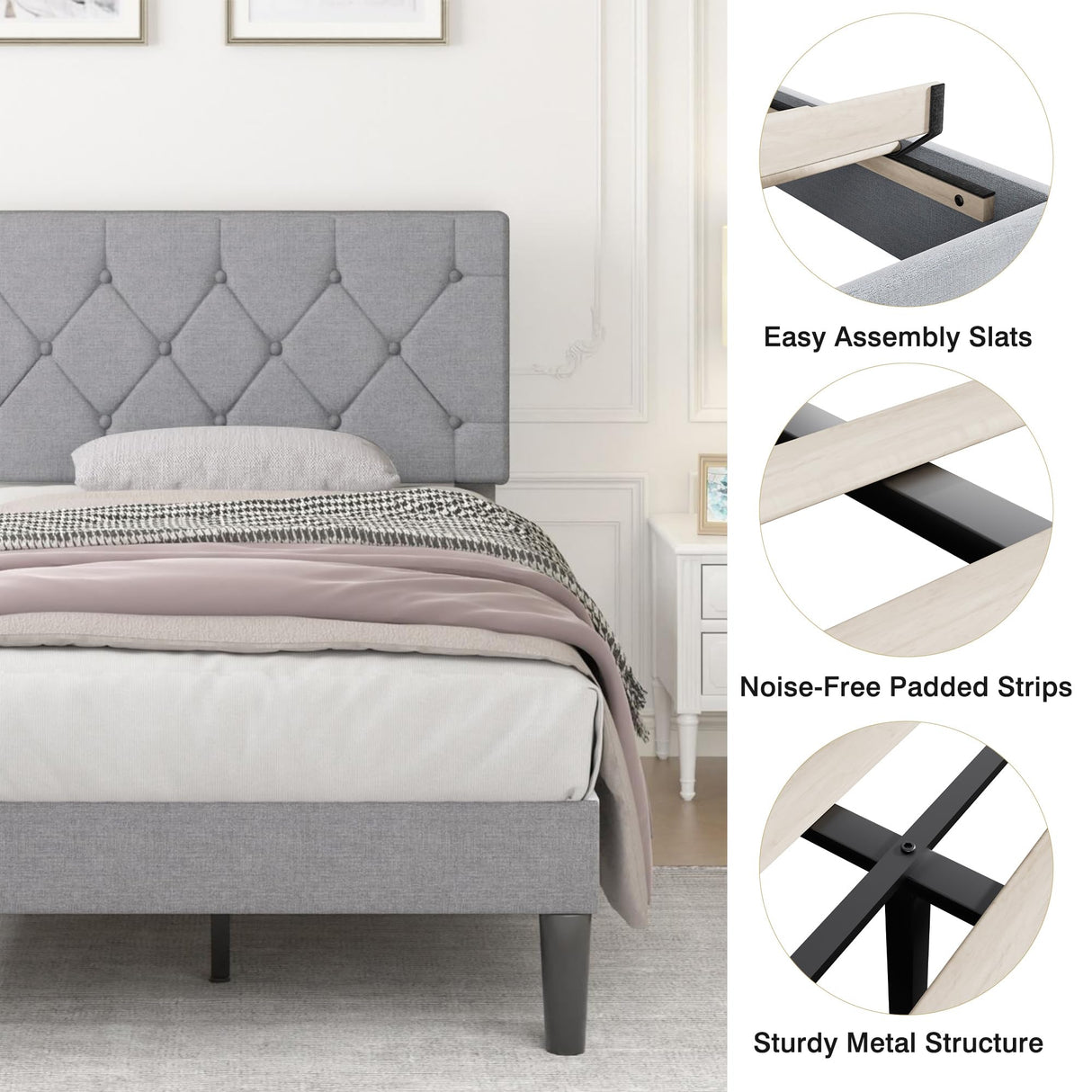 VECELO Twin Bed Frame with Button Tufted Headboard, Upholstered Platform with Wooden Slat Support, No Box Spring Needed, Grey VECELO