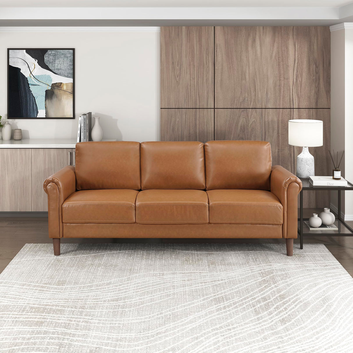 Lexicon 79" W Sofa Couch, Faux Leather Upholstered Couch, Sofa with Rolled Armrest for Bedroom/Office/Waiting Room, 3 Seater, Brown Lexicon