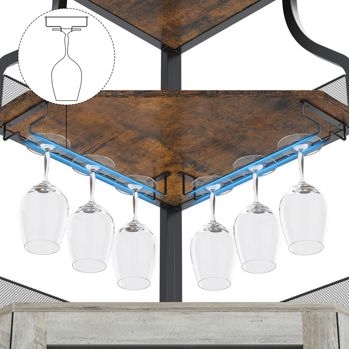 coucheta Corner Bar Cabinet, Wine Bar Cabinet with Led Lights and Adjustable Shelf, Corner Liquor Cabinet with Glass Holder and Storage Space, Rustic Brown coucheta