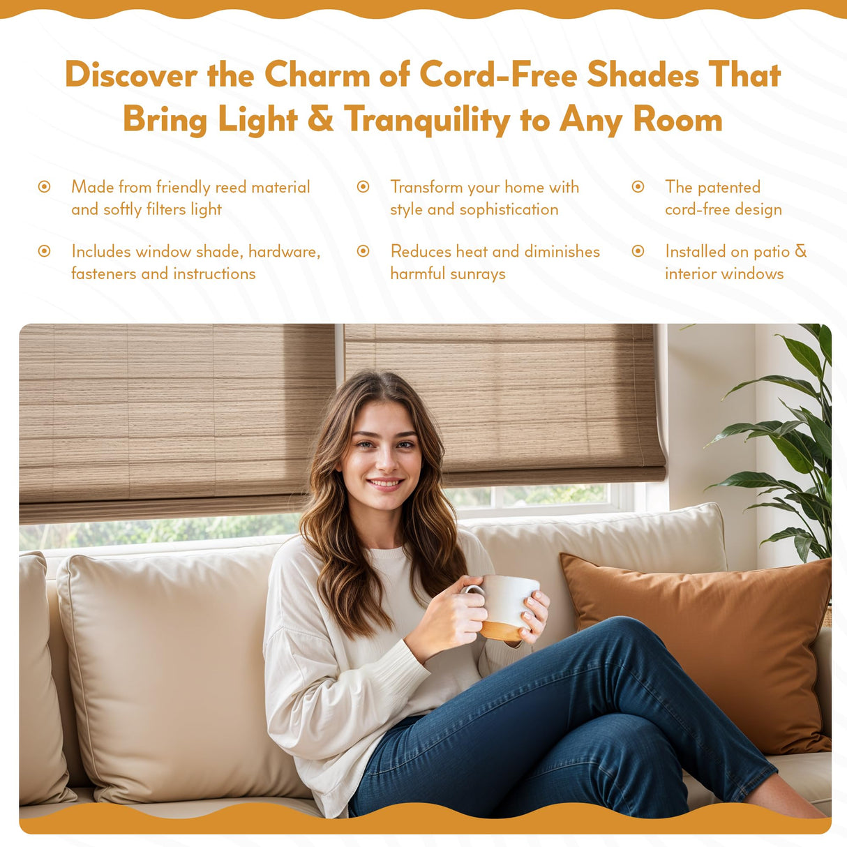 Radiance Cordless Bamboo Roman Shades for Windows - Flatstick Bamboo Blinds for Semi-Private Light Control - Easy to Lift & Fold Up Window Shades - Driftwood - 35 in. W x 64 in. L - (2216612E) Radiance