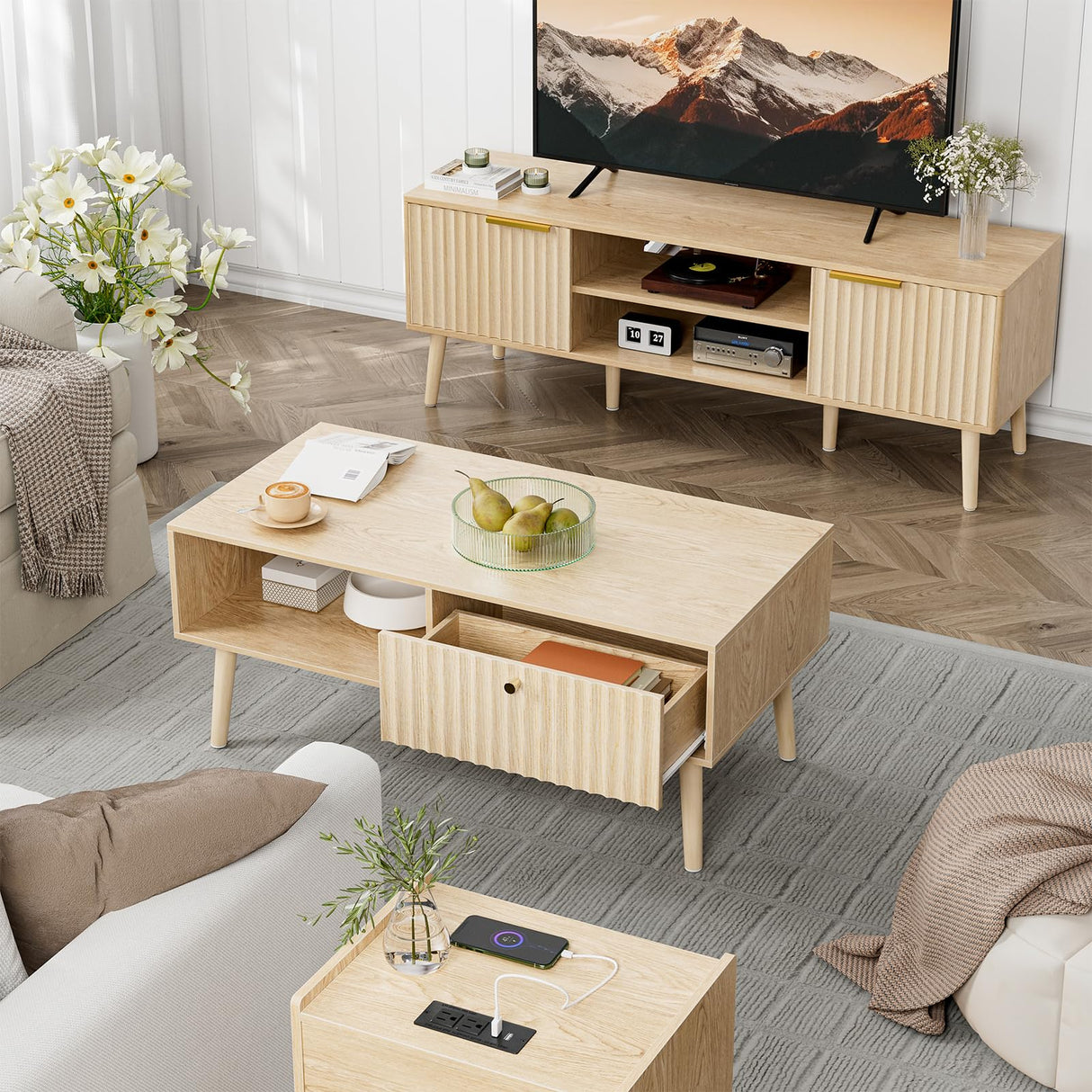 LCRBOL Coffee Table with Storage, Boho Dining Table with Fluted Drawer and Solid Wood Legs, Small Coffee Tables for Living Room, Oak