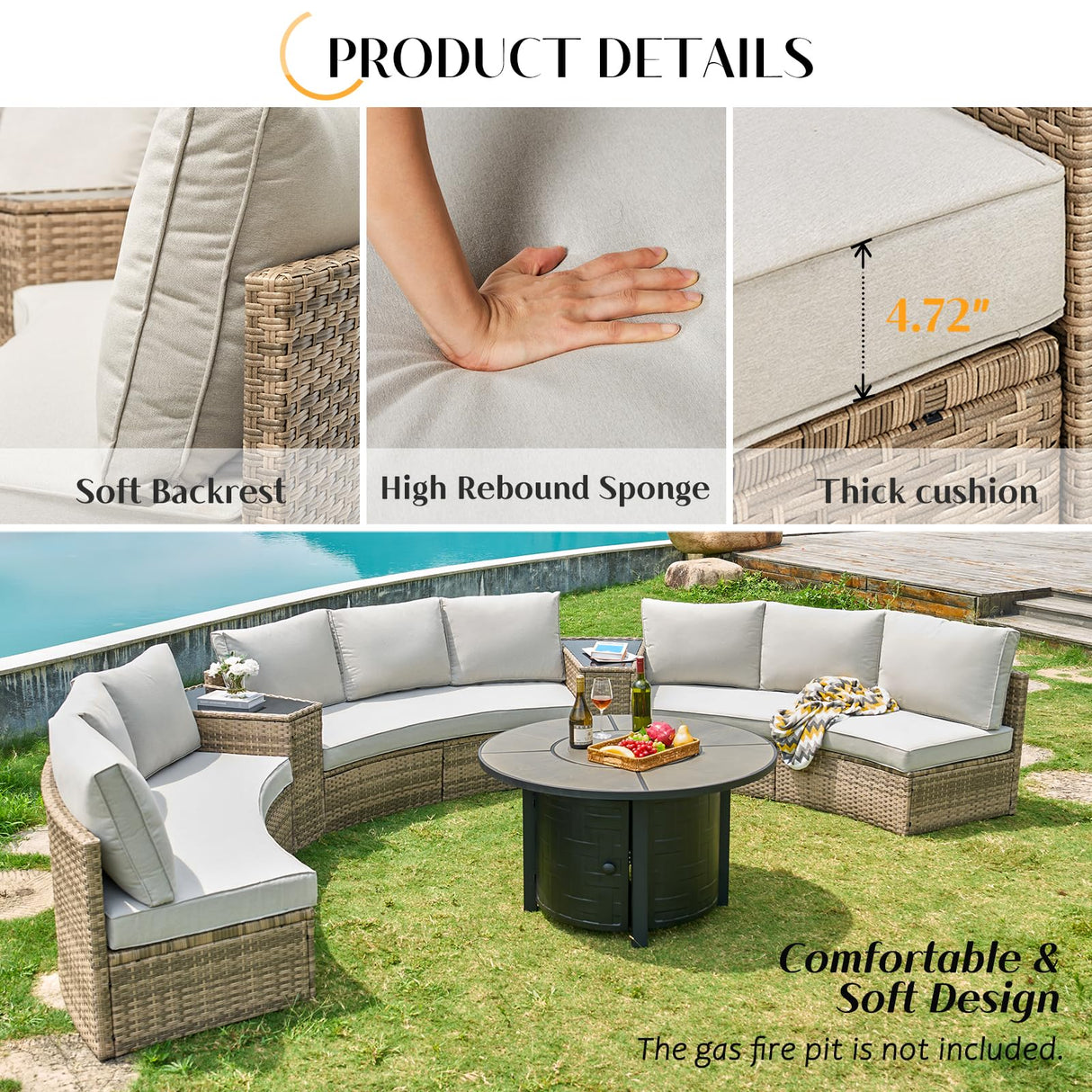 PaPaJet 11-Piece Patio Furniture Set, Half-Moon Outdoor Wicker Sectional Sofa with Large Storage Wedge Table, All-Weather Wicker Conversation Set for Backyard, Garden, or Deck, Beige PaPaJet