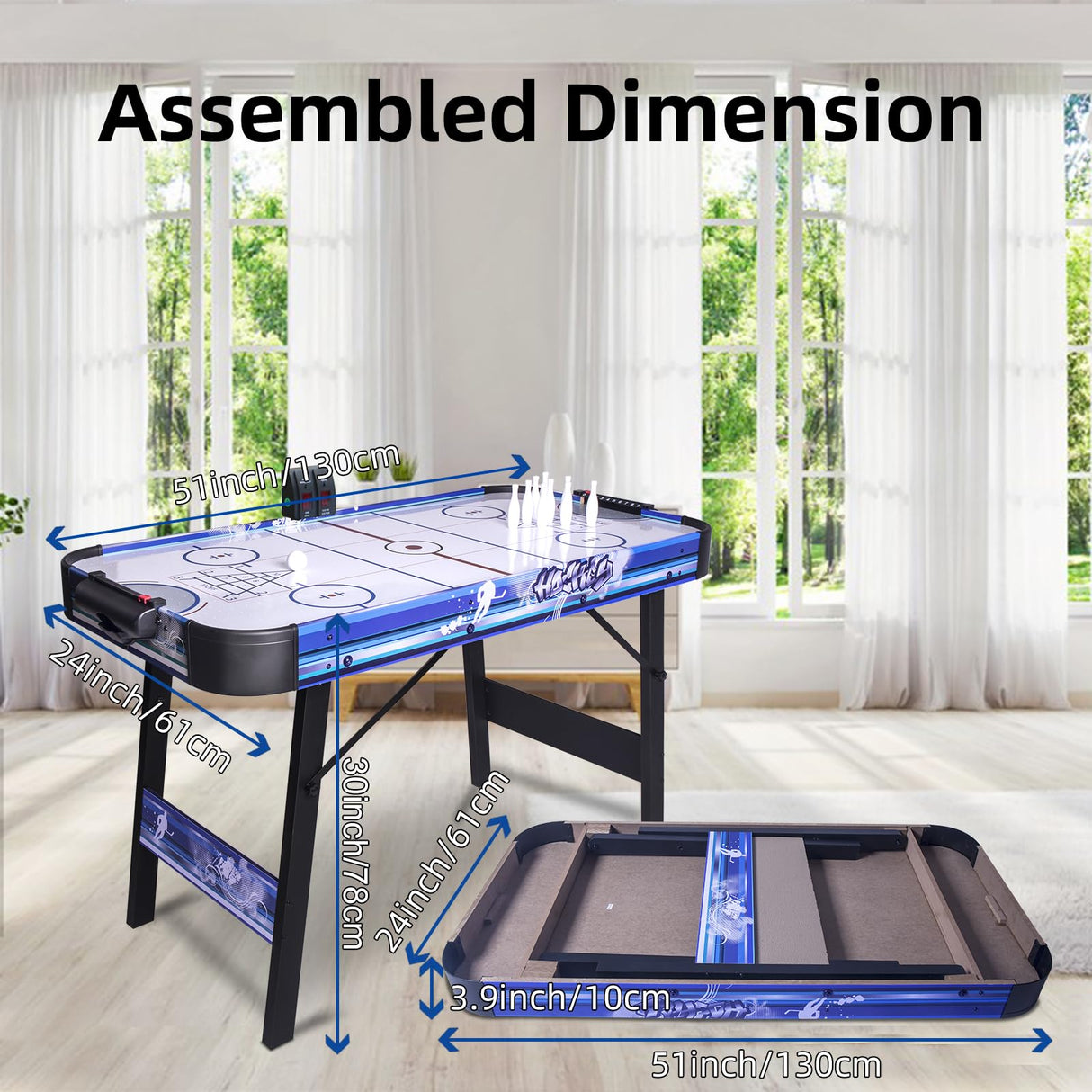 48" Air Hockey Game Table, Powered Ice Hockey Game Table Combines Bowling and Shuffleboard, Arcade Games Machines for Home with Round Corner Hyner