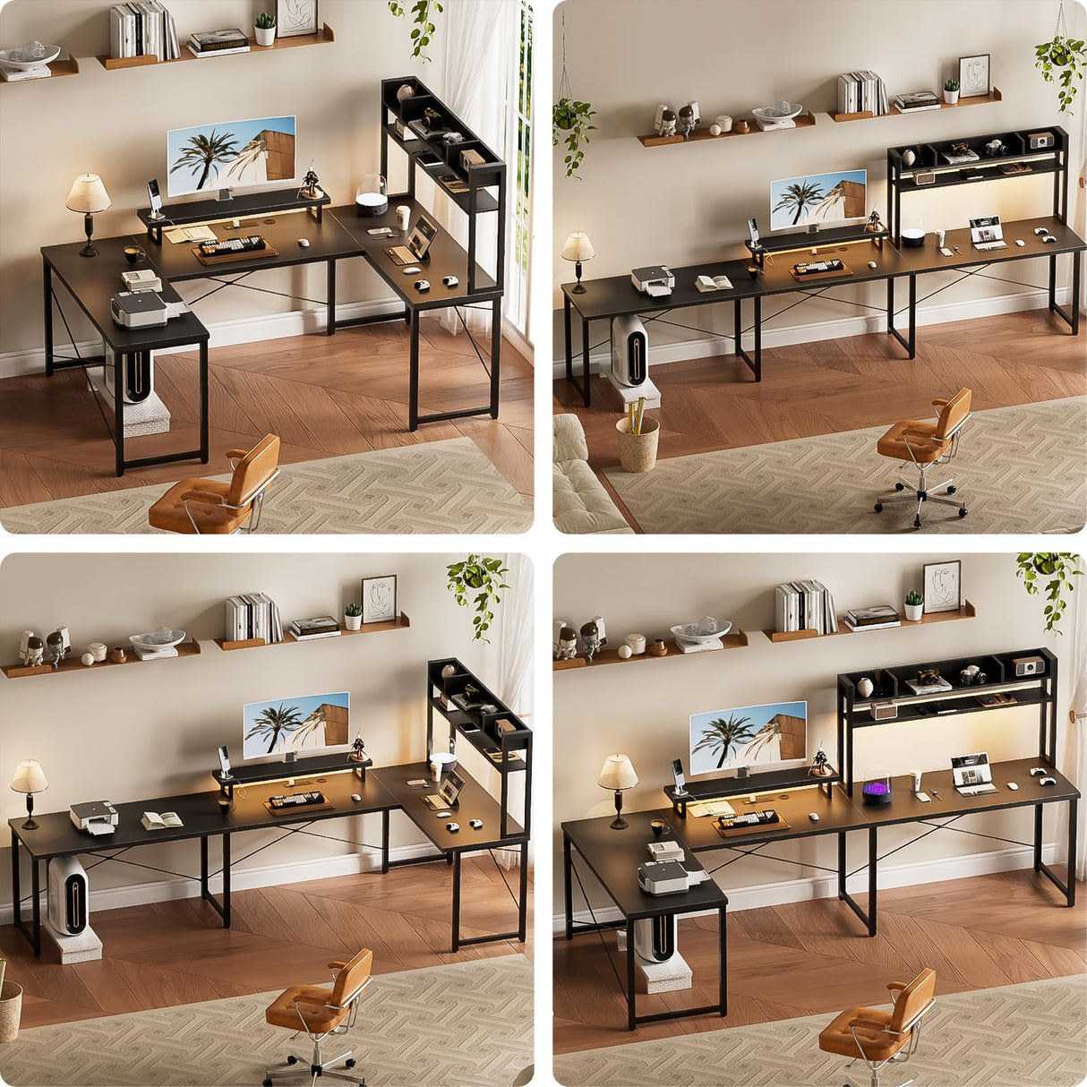 Unikito U Shaped Desk with Hutch, Reversible L Shaped Computer Desk with Power Outlets and LED Strip, Large Office Table with Monitor Stand, Large U Shape Gaming Desk, Black Unikito