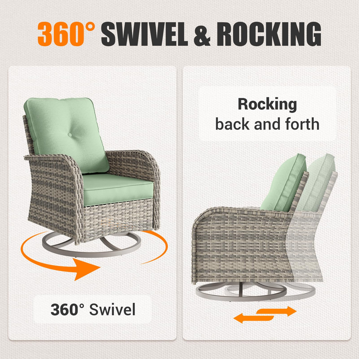 Muphyers 13-Piece Outdoor Patio Furniture Set with Rocking Swivel Chair, Wicker Rattan Sectional Sofa Conversation Set with 55,000 BTU Fire Pit Table with Ottomans, Backyard Furniture, Light Green Muphyers