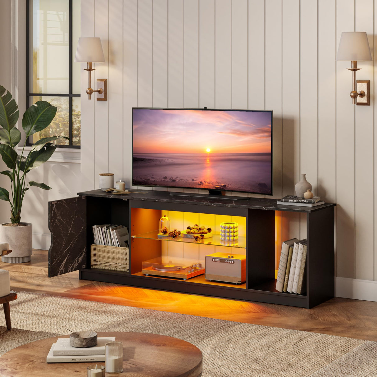 Bestier Led Entertainment Center for PS5,Xbox,Gaming TV Stand with Cabinet for 60/65 Inch TV, Modern TV Console with Adjustable Glass Shelf for Living Room Easy Assembly Black Marble Bestier