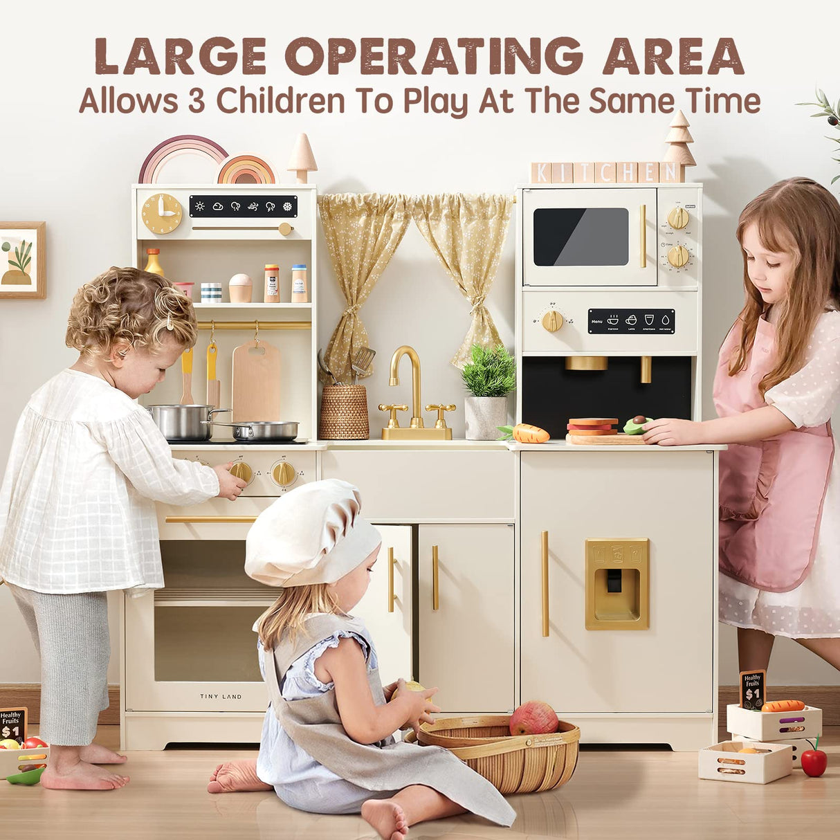 Tiny Land Play Kitchen for Kids, Toy Kitchen Set with Plenty of Play Features, New Modern Kids Wooden Play Kitchen Designed in Trendy Home Style with Curtains, Gift for Ages 3+ Tiny Land