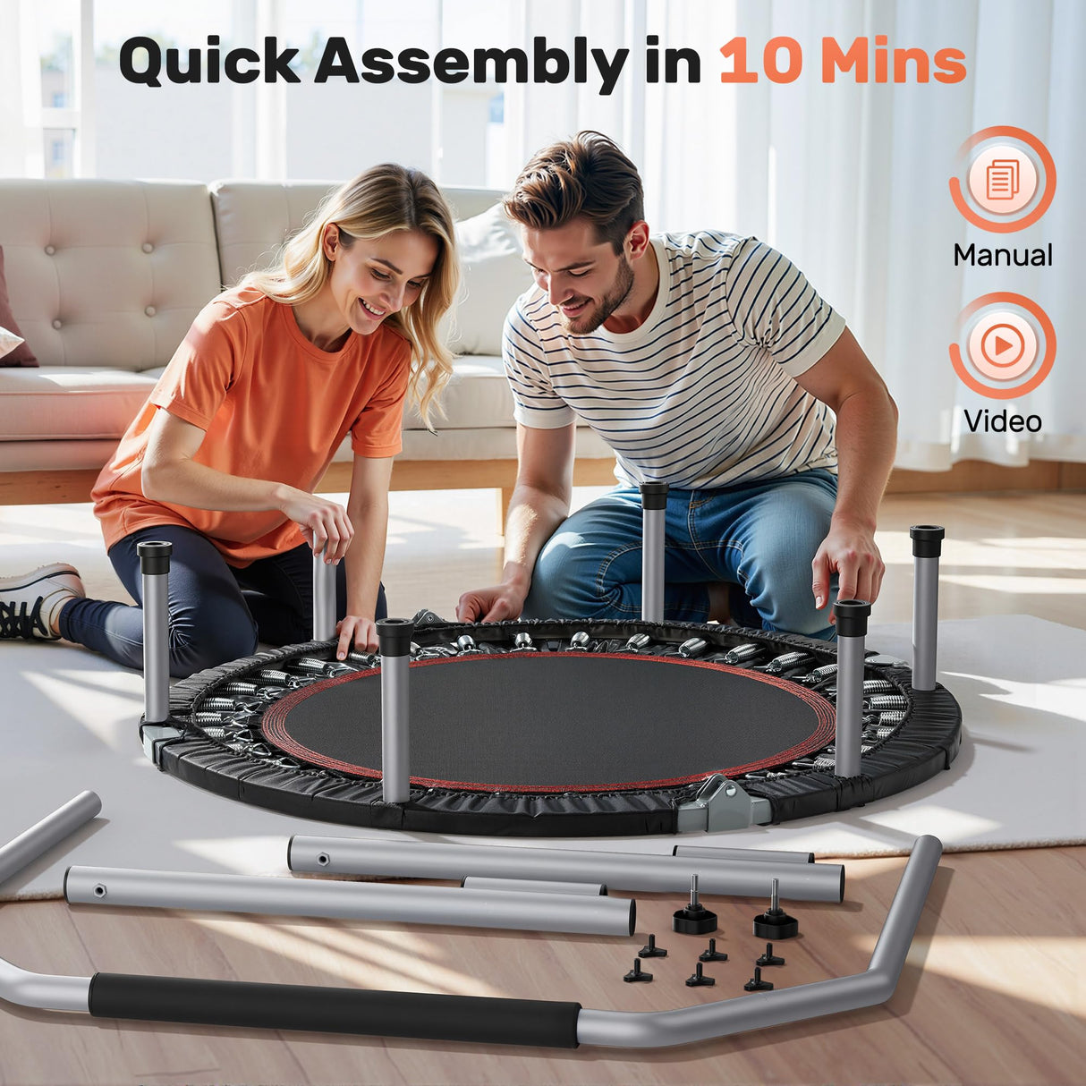 BCAN 40/48" Foldable Mini Trampoline Max Load 330lbs/440lbs, Fitness Rebounder with Adjustable Foam Handle, Exercise Trampoline for Adults Indoor/Garden Workout, Black BCAN