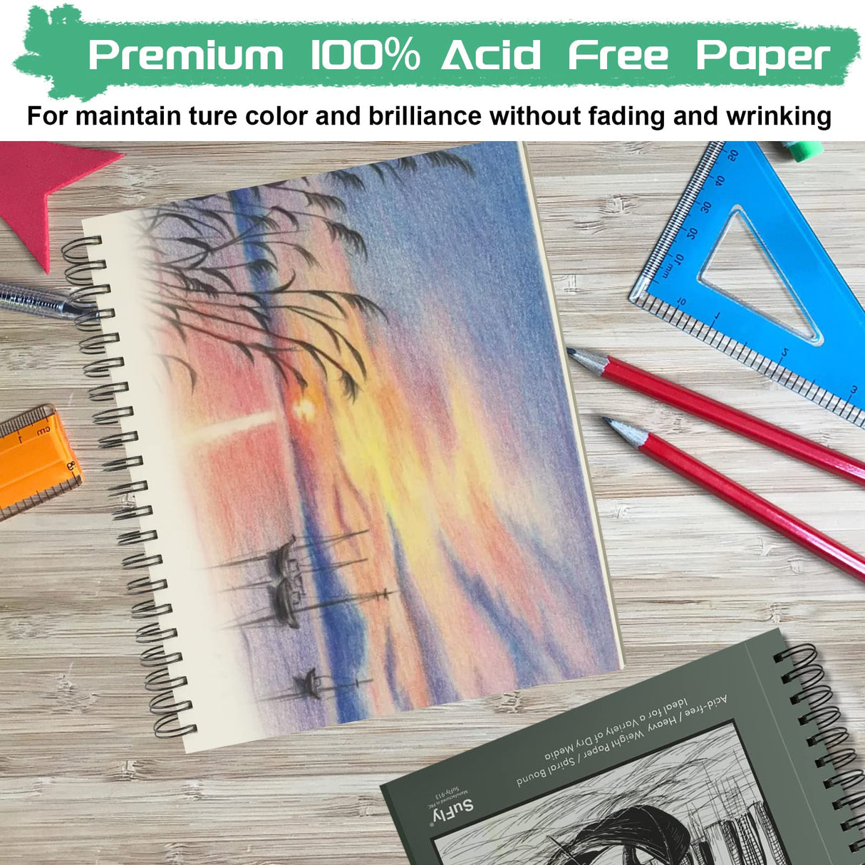 Sketch Book 5.5 X 8.5, Spiral Sketchbook Pack of 2, SuFly 200 Sheets (68 lb/100gsm) Acid Free Sketch Pads for Drawing for Adults Spiral Bound with Hard Cover for Kids & Adults, 100 Sheets Each SuFly