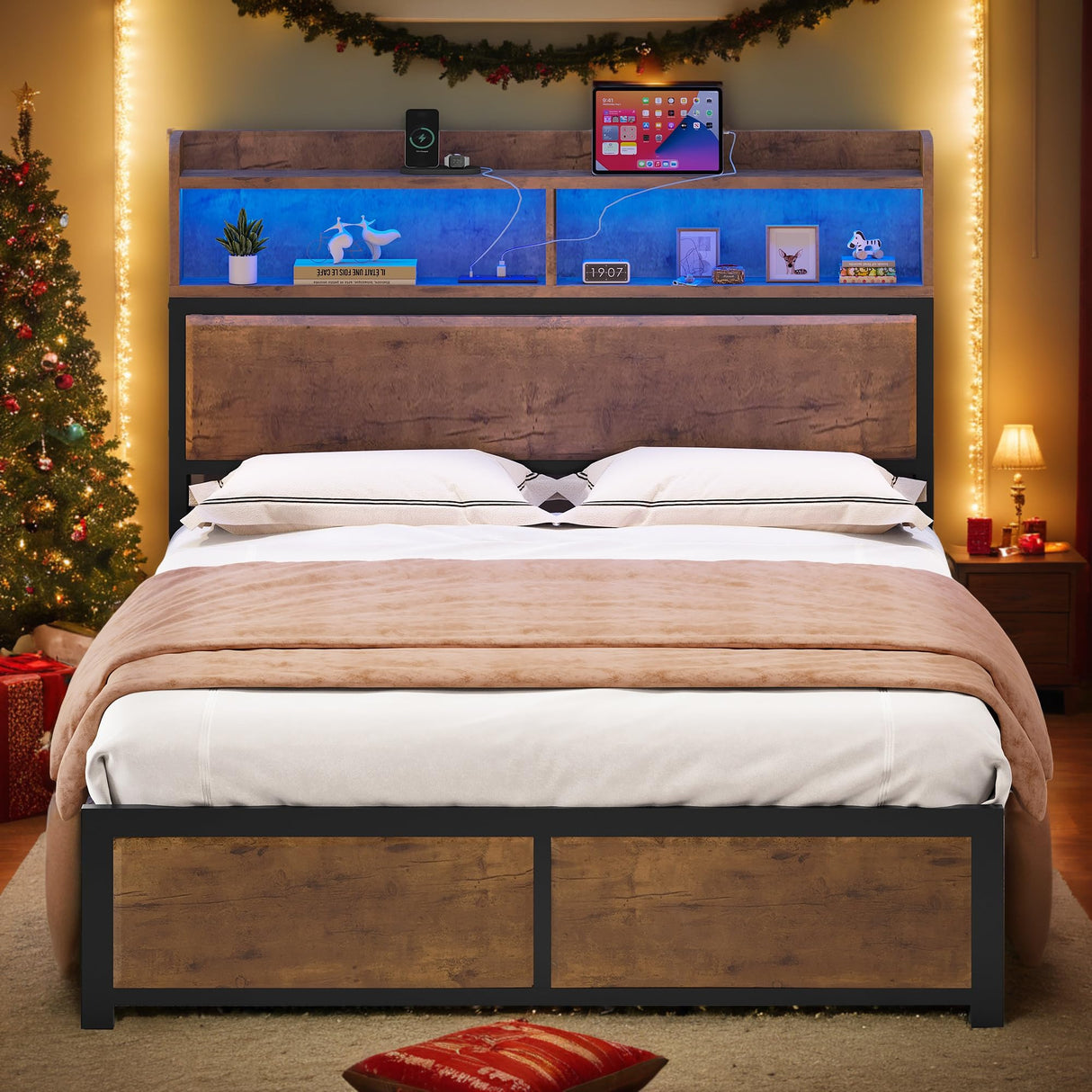 YITAHOME King Bed Frame with 2-Tier Storage Headboard, Metal Platform Bed Frame with Charging Station & LED Lights, Noise-Free/Metal Support/No Box Spring Needed, Rustic Brown YITAHOME