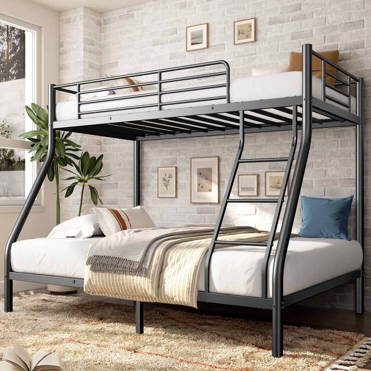 SogesSleep Bunk Beds Twin Over Full Size, Heavy Duty Metal Bunk Bed Frame with Angled Ladder for Teens and Adults, for Spaces-Saving, Smooth Rounded Edges, Noise Free & Easy Assembly, Black SogesSleep