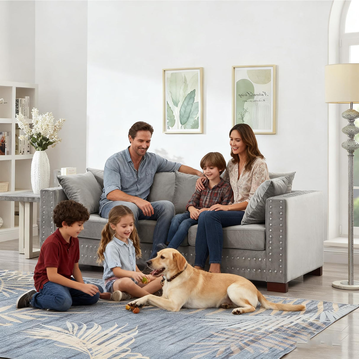 84.5" Wide 3-Seater Velvet Sofa with Storage, Mid Century Modern Chesterfield Couch, Upholstered Love Seat with Deep Seat & Retro Trim Gray Velvet Couch for Living Room, Office, Apartment (Grey) SLEERWAY